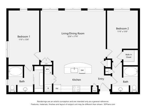 Floor plan for 2 beds, 2 baths, 1284 sqft